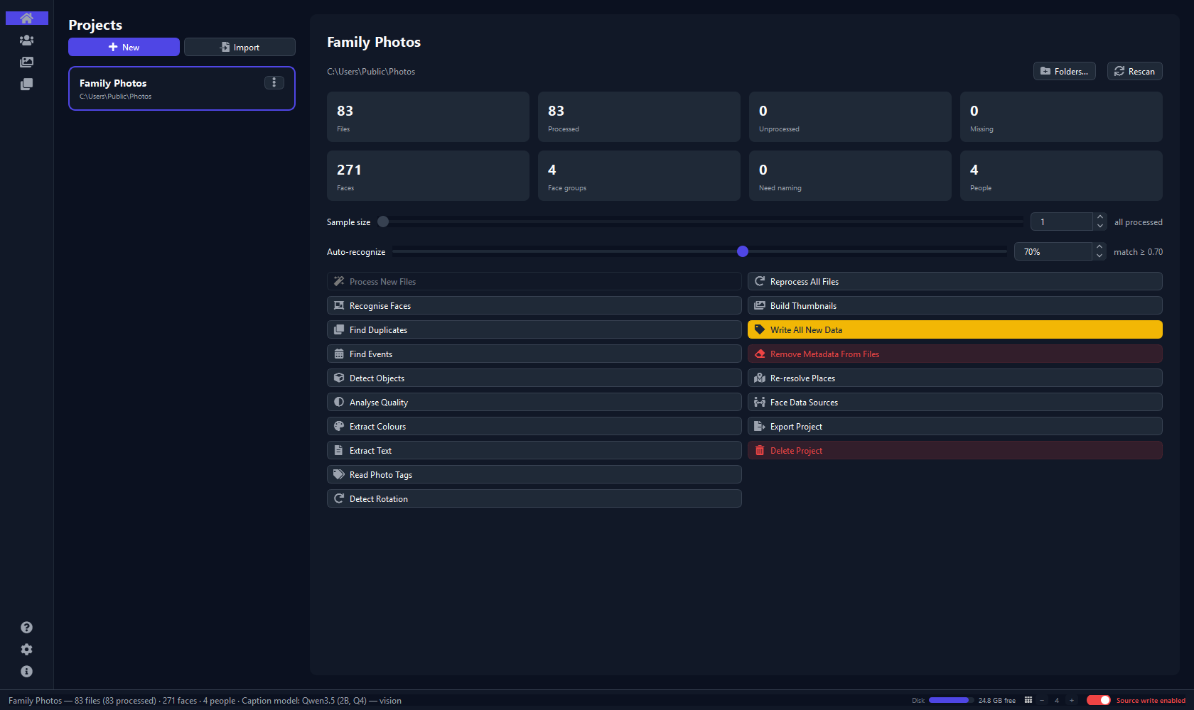 The PrivacyFirst Photo Organizer dashboard, showing a project's statistics and its action buttons