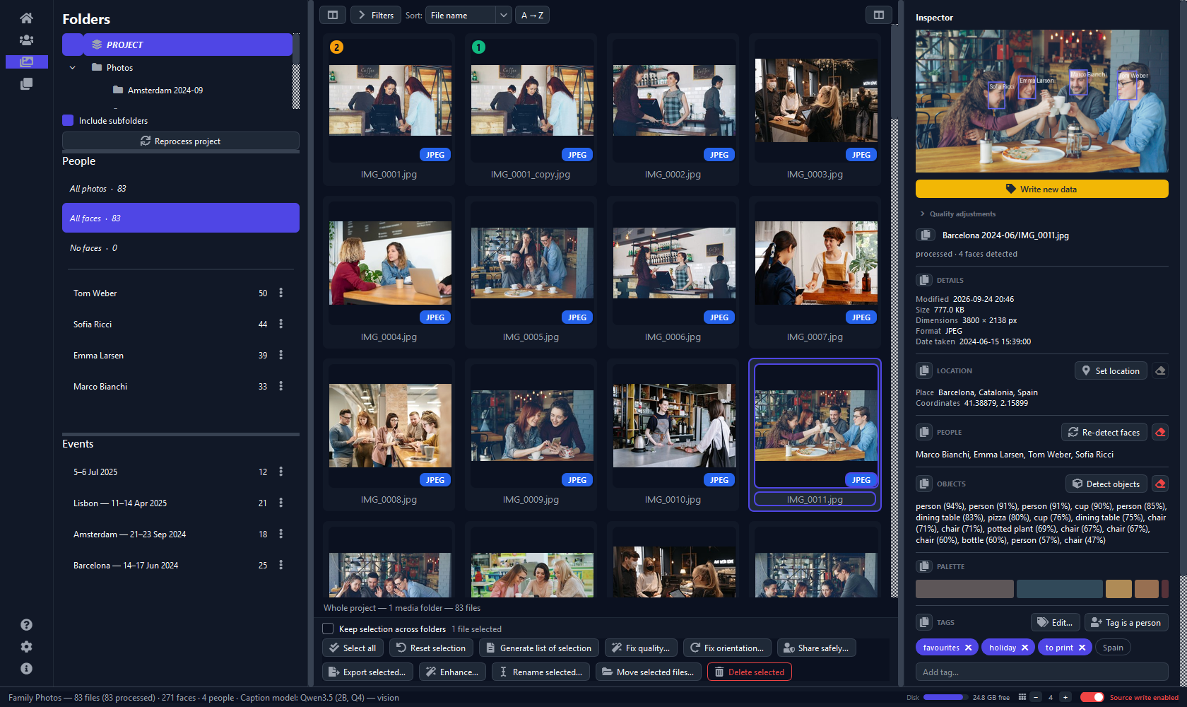 The Organizer: folder, people and event lists on the left, a grid of photos in the middle, the inspector on the right