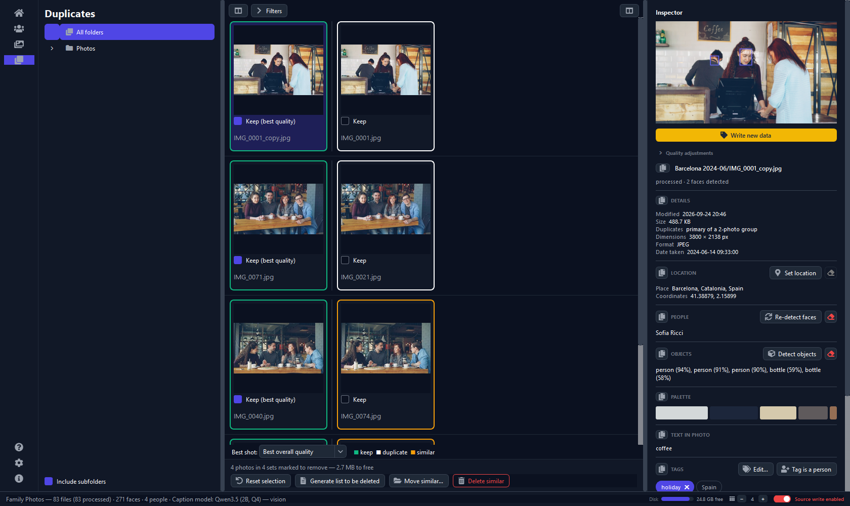 The Duplicates page showing three sets of near-duplicate photos with Keep checkboxes and green, white and orange borders