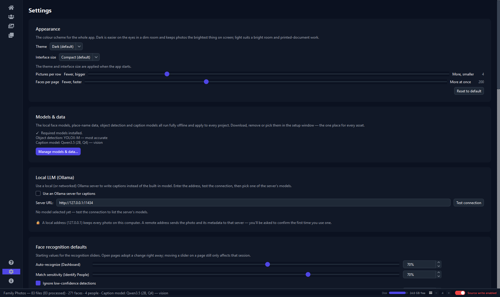 The Settings page showing the Appearance, Models and data, and Ollama sections, with the face-recognition defaults below
