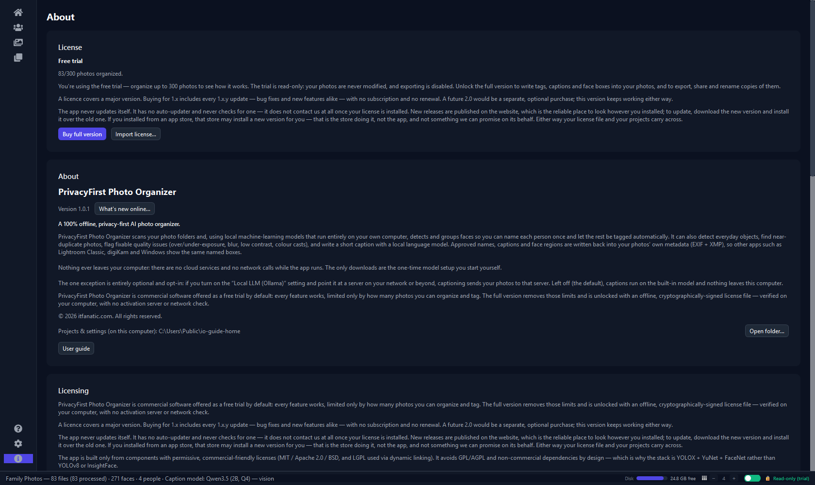 The About page showing the License panel, the app description and the licensing inventory