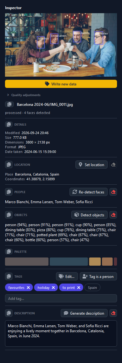 The inspector panel showing a preview with named face boxes, details, location, people, objects, colour palette, tags and a generated description