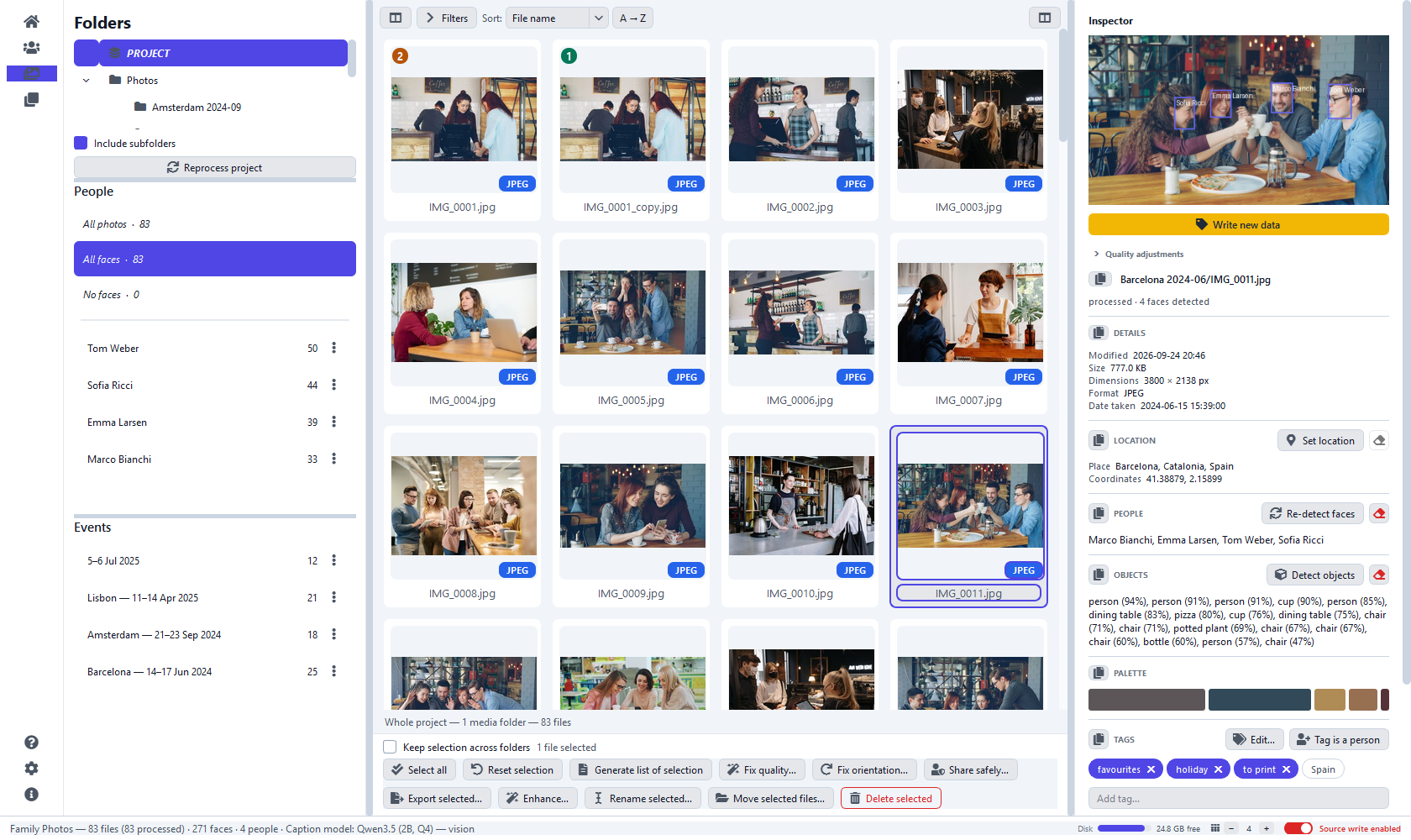 The Organizer in the light theme: folder, people and event lists on the left, the photo grid in the middle and the inspector on the right, all on a light background